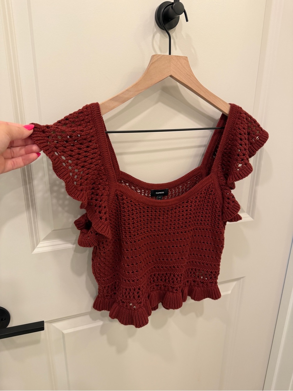 Express Crochet Ruffle Crop Top in Rust